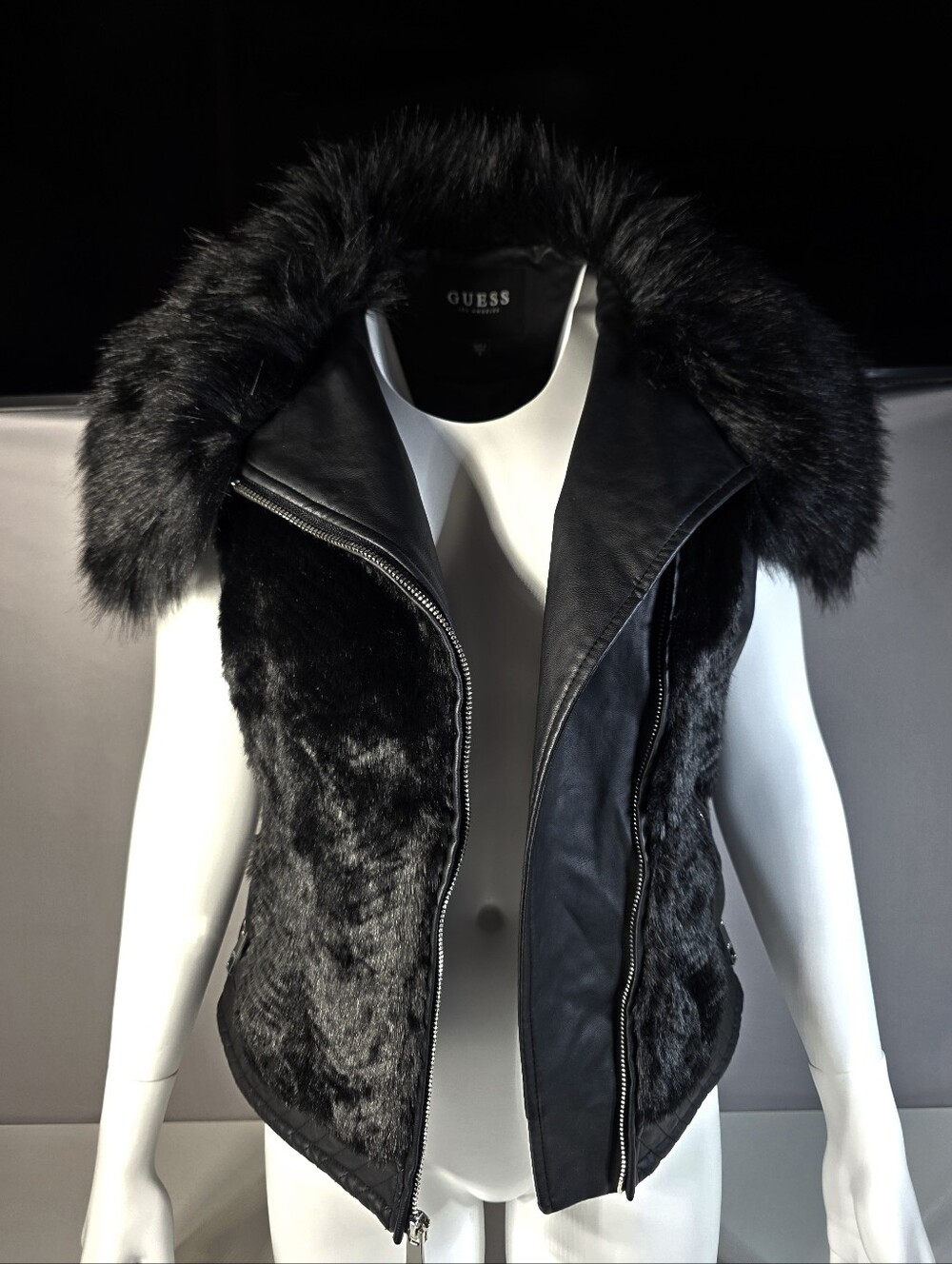 GUESS Gabby Posh Jet Black Faux Fur-Trim Moto-Style Vest Sz Small